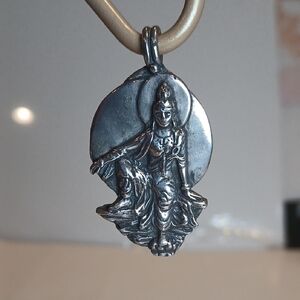 🌙 Large Sterling Silver Kwan Yin Moon Pendant Handmade Sacred Buddhist Goddess